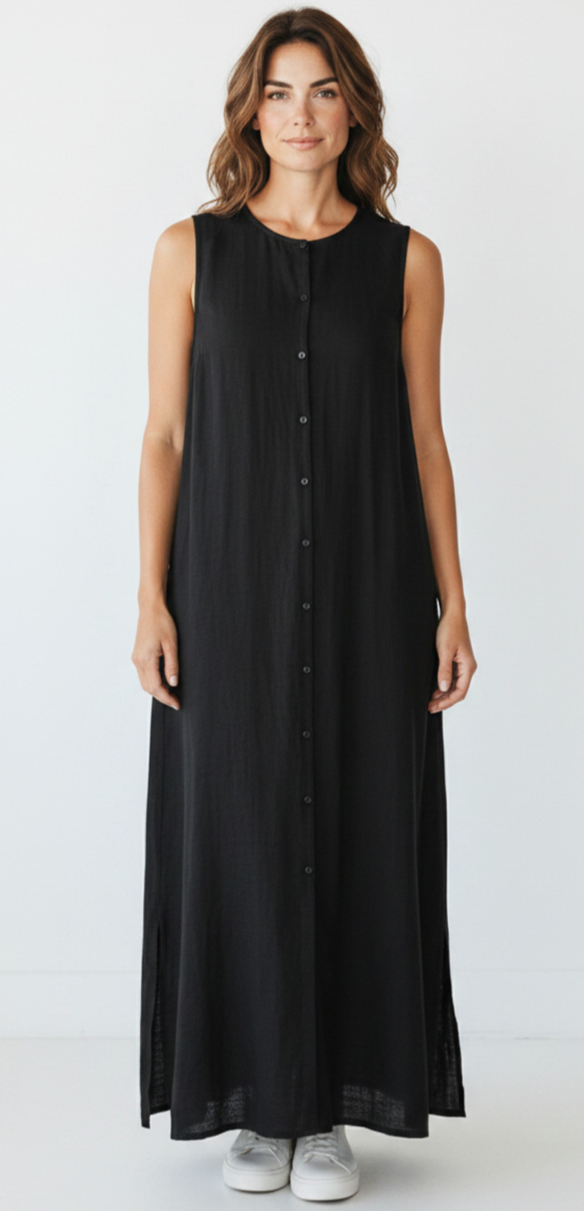 B2 EILEEN FISHER Sleeveless Dresses Linen Cotton With Button Front Black Size L